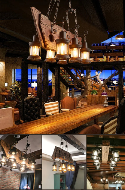 Retro Wood E27 LED Ceiling Lamp Antique Industrial Chandelier Lighting LOFT Bar luminaire Vintage Pendant Lights lustre