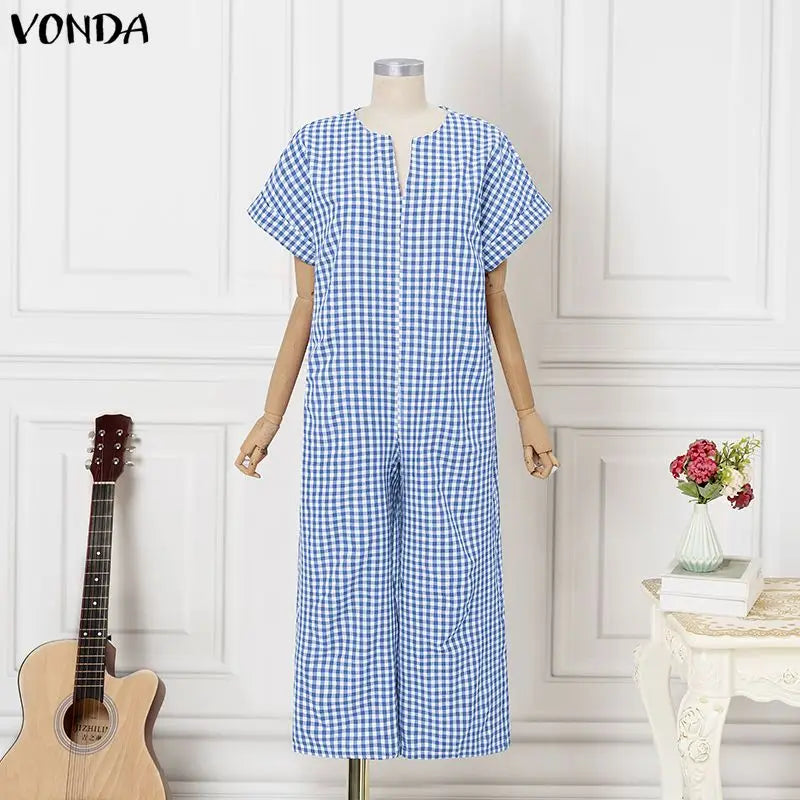 VONDA Women Plus Size Jumpsuits Fashion Summer Short Sleeve Tops Wide Leg Pants OL Work Playsuits Plaid Overalls Streetwear