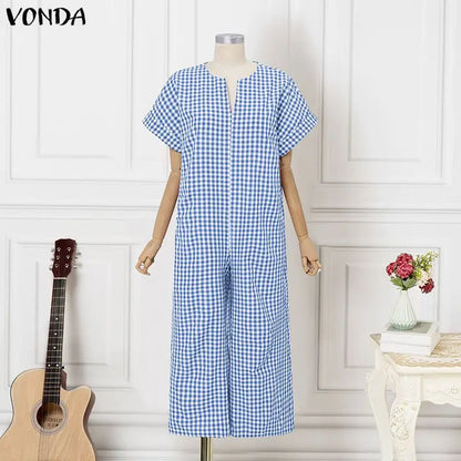 VONDA Women Plus Size Jumpsuits Fashion Summer Short Sleeve Tops Wide Leg Pants OL Work Playsuits Plaid Overalls Streetwear