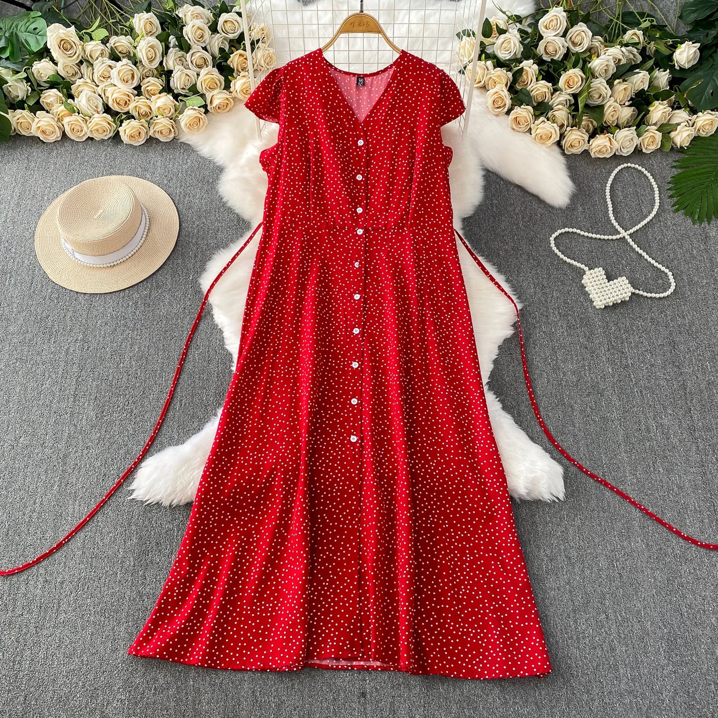 Summer Women Polka Dot Long Dress Vintage V-Neck Flying Sleeve High Waist Single Breasted A-Line Casual Vestidos Female Robe New