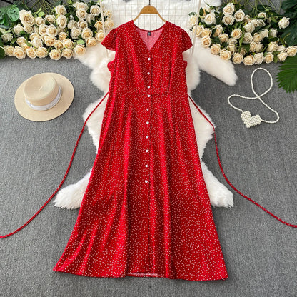 Summer Women Polka Dot Long Dress Vintage V-Neck Flying Sleeve High Waist Single Breasted A-Line Casual Vestidos Female Robe New