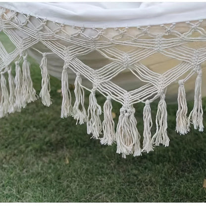 Bohemian Double Hammock for 2 Person, Red White Striped Pattern with Tassels, Heavy Duty Rope Outdoor Hammock with Carry Bag