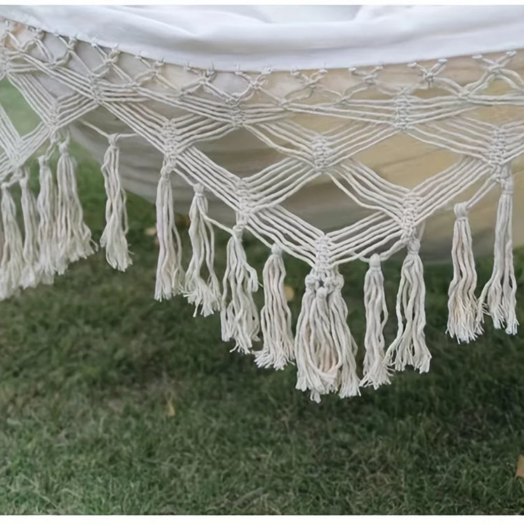 Bohemian Double Hammock for 2 Person, Red White Striped Pattern with Tassels, Heavy Duty Rope Outdoor Hammock with Carry Bag