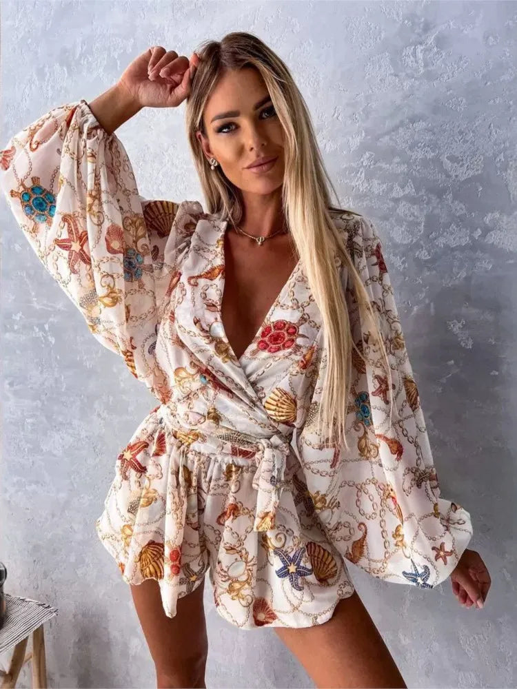 Spring Summer Boho Women Jumpsuit Fashion Deep V Neck Lantern Sleeve Casual Print Rompers Shorts Women's Elegant Jumpsuits New