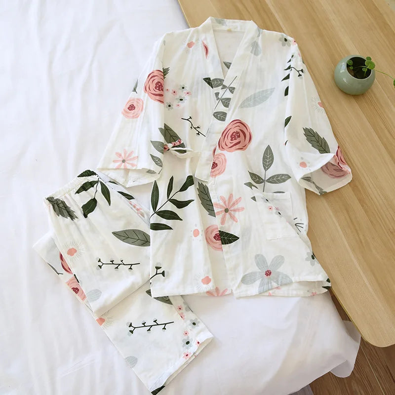2026 new seven-sleeve Japanese-style kimono pajamas set female spring and autumn 100% cotton gauze home clothes cute sweet two-p