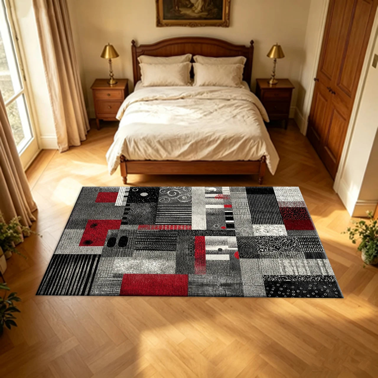 Black Grey Red Patchwork Collage Art Carpet Flooring Modern Mixed Pattern Large Area Rug for Living Space Home Decor
