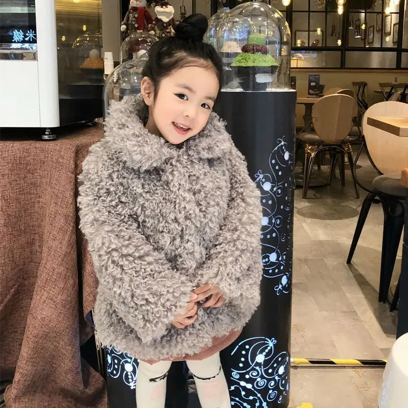 Autumn Winter Girls Warm Coat 2025 New Korean Fashion Faux Fur Thicken Solid Color Turn-down Collar Plush Jacket