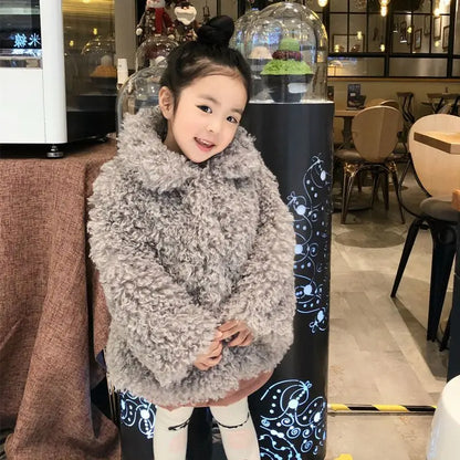 Autumn Winter Girls Warm Coat 2025 New Korean Fashion Faux Fur Thicken Solid Color Turn-down Collar Plush Jacket
