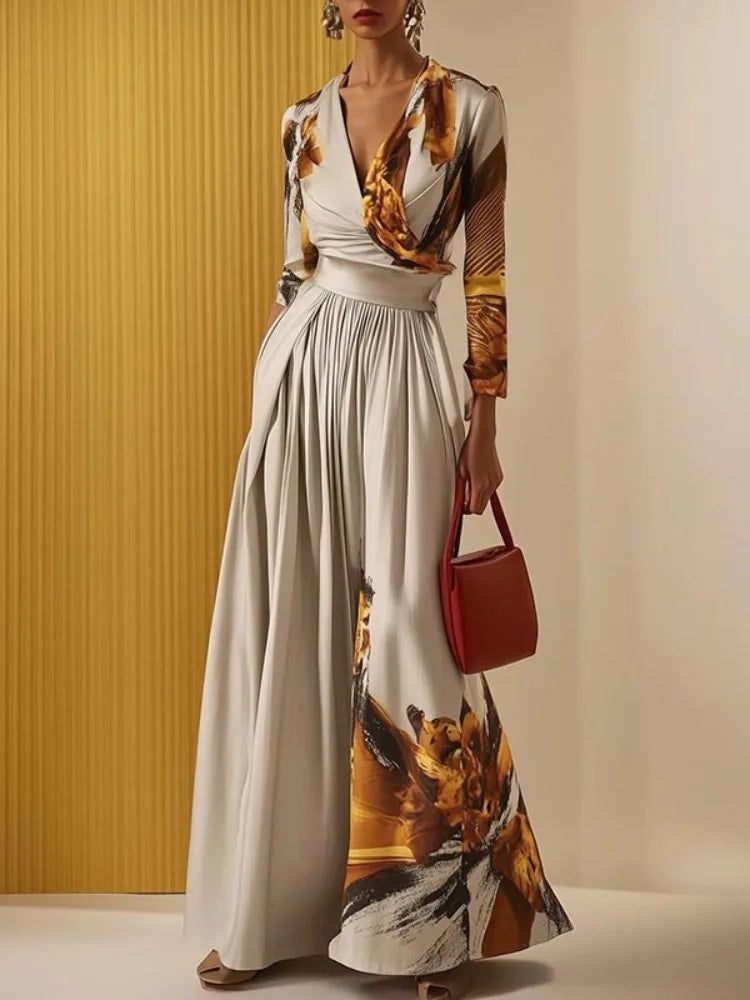 Freeacy Women's Elegant One-piece Suit Printed Deep V-neck Long Sleeves Jumpsuit 2025 Elastic High Waist Wide Leg Jumpsuits