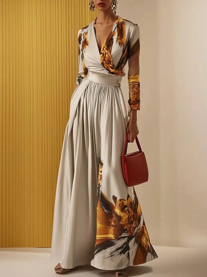 Freeacy Women's Elegant One-piece Suit Printed Deep V-neck Long Sleeves Jumpsuit 2025 Elastic High Waist Wide Leg Jumpsuits