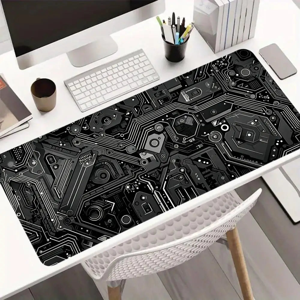 Black Circuit Print XXL 90x40 Gaming Mousepad Desk Mat Anti-slip Rubber Base Stitched Edge for Gamers Office Home Daily Use
