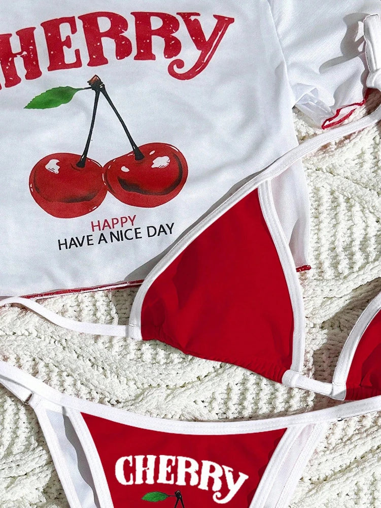 Cute Halter Bikini 3 Pieces Cherry Print 2026 Sexy & Fresh Feeling Bathing Suit Three-Piece Swimsuit Dark Blue Beach Swimwear