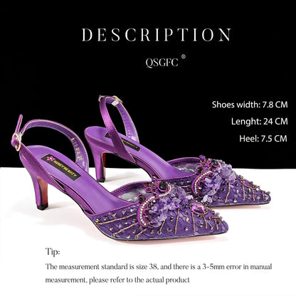 QSGFC Nigerian Style Elegant Women Heels Shoes And Bag Set Rhinestone with Coral Shoes Wedding Party