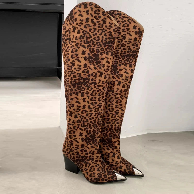 ZAROY Punk Metal Pointed Toe Knee High Boots Women Winter Retro Leopard Print Square Low Heels Pleated Western Cowboy Long Botas