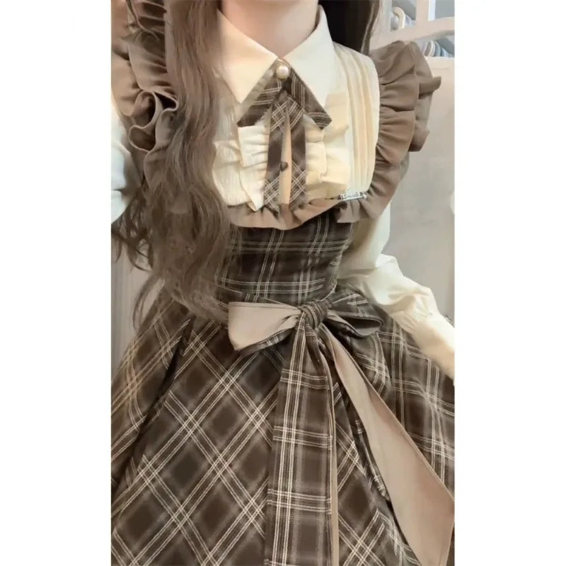 French Vintage Midi Dress Women Casual Evening Party Plaid Dress Office Lady Outwear One Piece Dress Korean Fashion Spring Chic