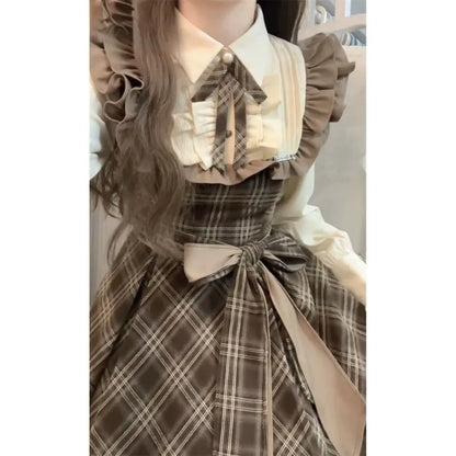 French Vintage Midi Dress Women Casual Evening Party Plaid Dress Office Lady Outwear One Piece Dress Korean Fashion Spring Chic