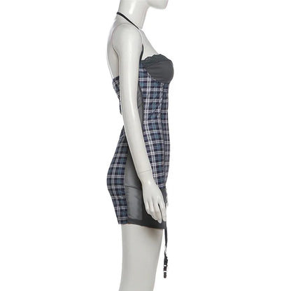 SylCue Plaid Patchwork Playsuits Woman Summer Trend Halter Wrap Chest Backless Shape Waist High Street Fashion Style Rompers