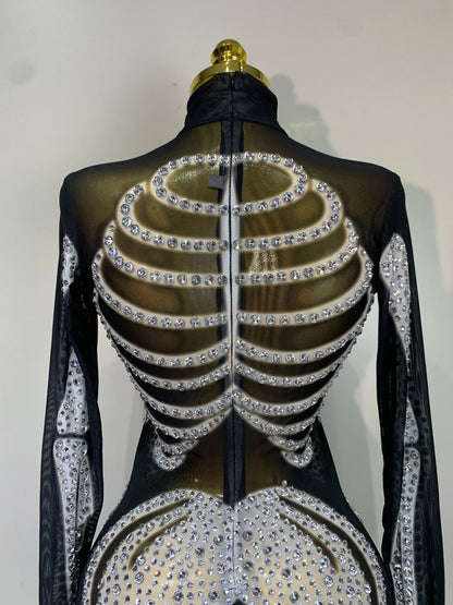 Luxury Rhinestones Skeleton Mesh See Through Jumpsuit Long Sleeve Nightclub Cos Party Stage Performance Halloween Costume
