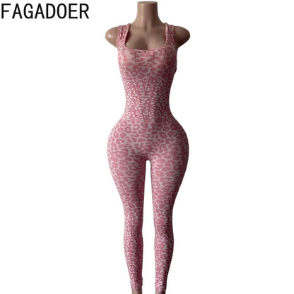 FAGADOER Y2K Sexy Leopard Print Bodycon Jumpsuit Women Halter Sleeveless Deep V Backless Long Romper Streetwear Club Night Party