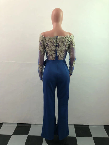 Womens Elegant Off Shoulder Long Pants Wide Leg Jumpsuits Floral Embroidery Lace See Through Cocktail Club Party Evening Rompers