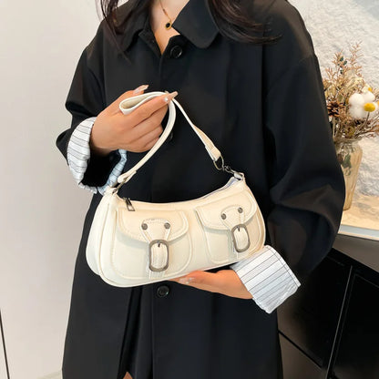 Fashion Pu Leather Women's Shoulder Bag Small Double Pocket Design Ladies Underarm Bags Y2k Vintage Female Handbags Clutch Purse