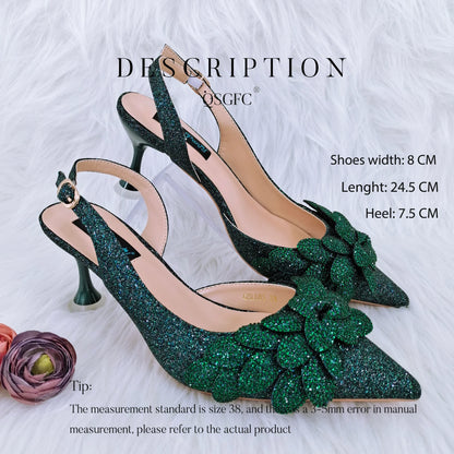 African Fashion Green Ladies Matching Shoes and Bags Nigerian Best Sell Women's Pointed Toe High Heels Commuter Wearable