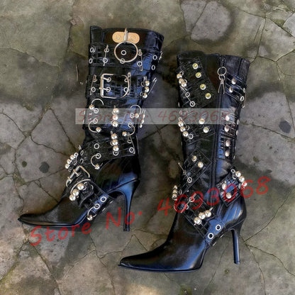 Metal Ring Rivet Black Knee High Boots Women Sexy Belt Buckle Cross Strap Thin High Heels Ladies Streetwear Punk Pointy Boots