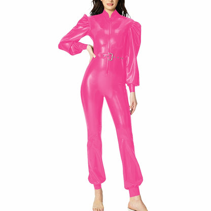 Plus Size Fashionable PVC Patent Leather Jumpsuit for Women Latex-look Clubwear Stand Collar Belt Puff Long Sleeve Slim Rompers