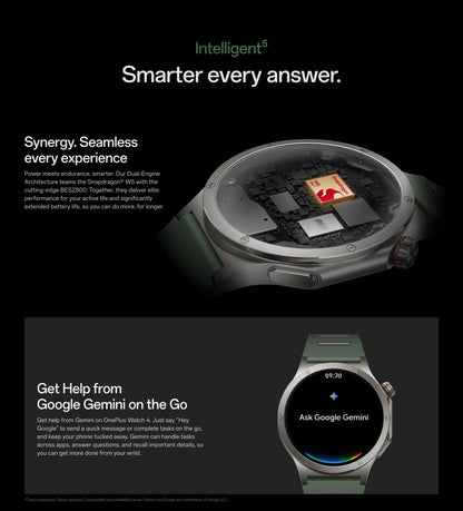 Global Version OnePlus Watch 4 Smart Watch 1.50'' AMOLED Display Snapdragon W5 Processor Up to 16 Days of Battery Life Wear OS