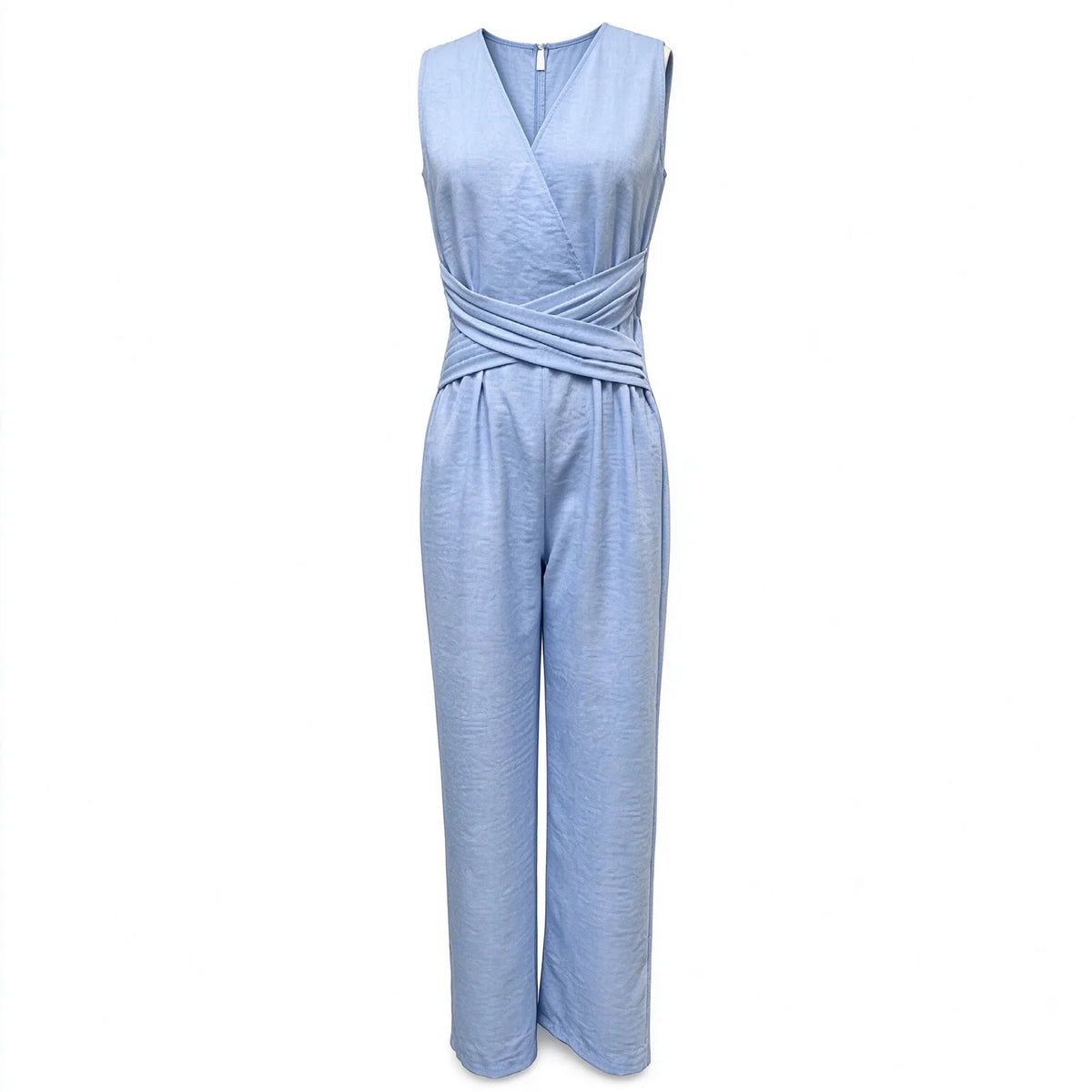 Fashion Light Blue Wide Leg Pants Jumpsuit Women's V-neck Sleeveless Cross Wrap Waist Design Rompers Summer Casual Jumpsuits