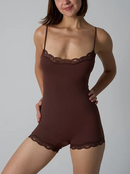 Hot Women Sexy Lace Patchwork Bodysuit Sports FitnessSkinny Shaperwear Camisole Square Neck Spaghetti Strap Slimming Bodycon