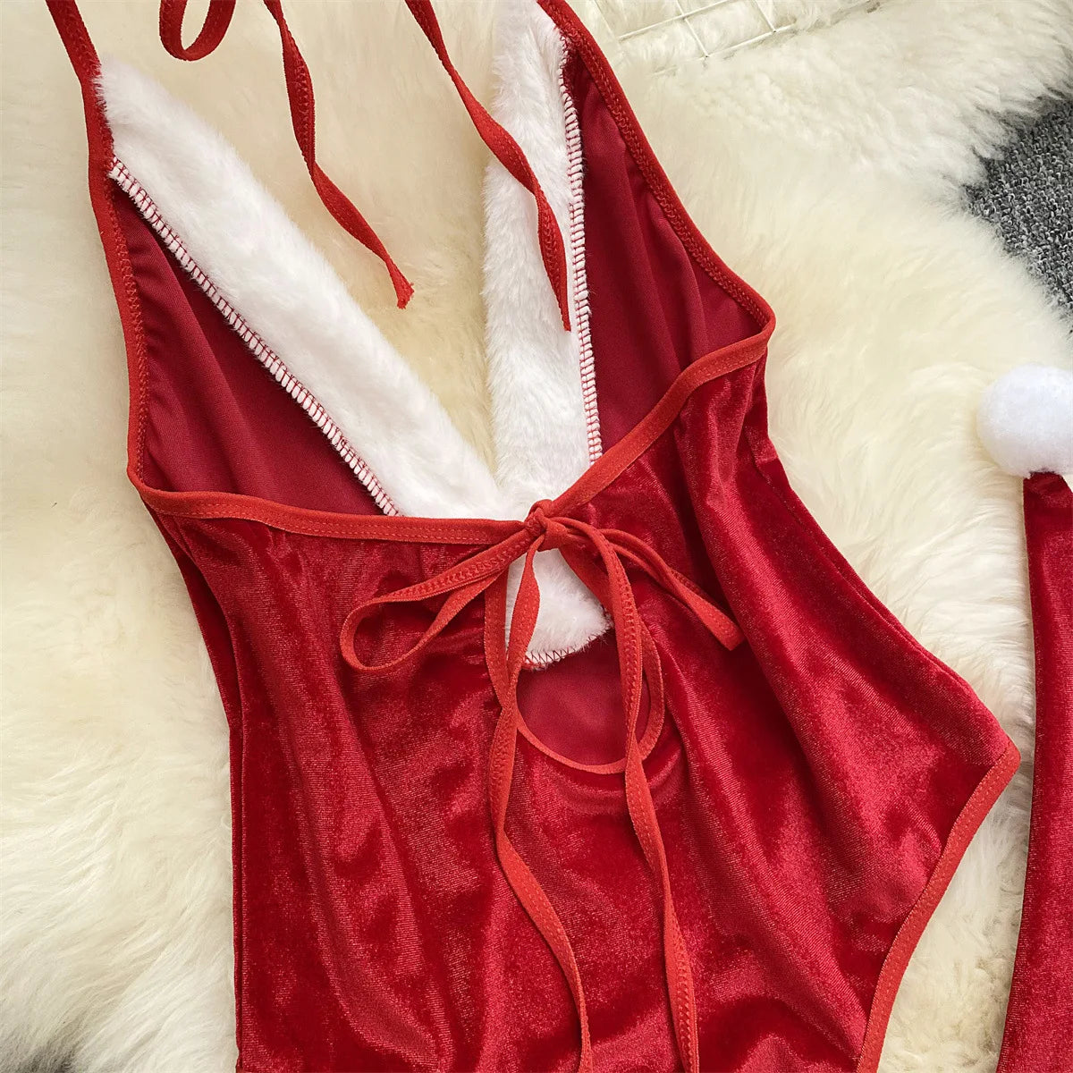 SINGREINY Christmas Cosplay Nightwear Playsuit Deep V Open Crotch Sheath Bodysuits Women Sexy Temptation Velvet Backless Rompers