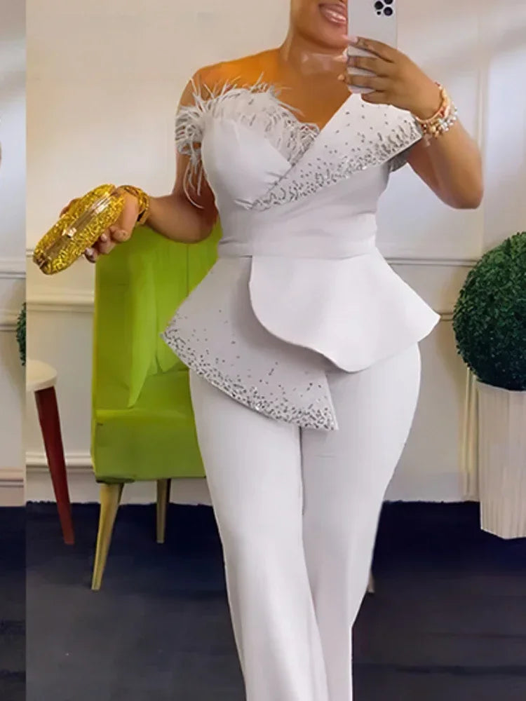 Women Jumpsuit One Shoulder Feather Diamond Peplum Party Fashion Female One Piece African Event Occasion Rompers New Summer 2024