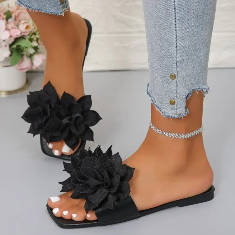 Women Flat Slippers 2026 Summer New Solid Color Sandals Flowers Open Toes Slippers Casual Fashionable Beach Shoes Slides Women