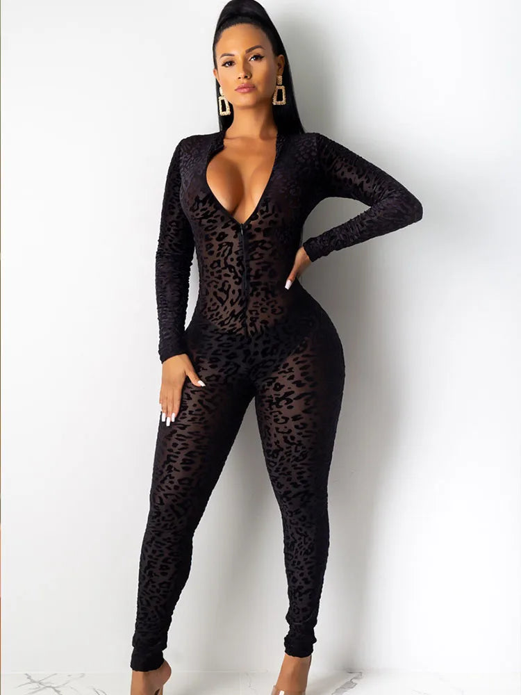 Flocking Leopard Night Party Rompers Womens Jumpsuit One Piece Club Outfit See Through Long Sleeve Zip Skinny Jumpsuits Overalls