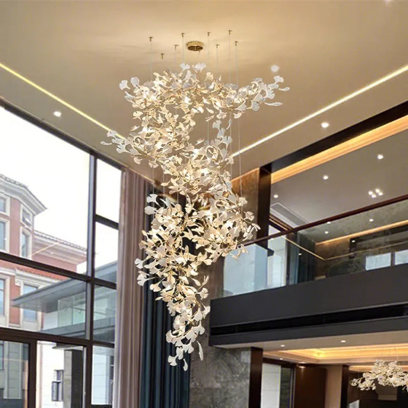 Staircase Ginko Leaf Chandelier Light For High Ceiling Staircase Loft Living Room Hotel Lobby Stairway Luxury Branch Chandeliers