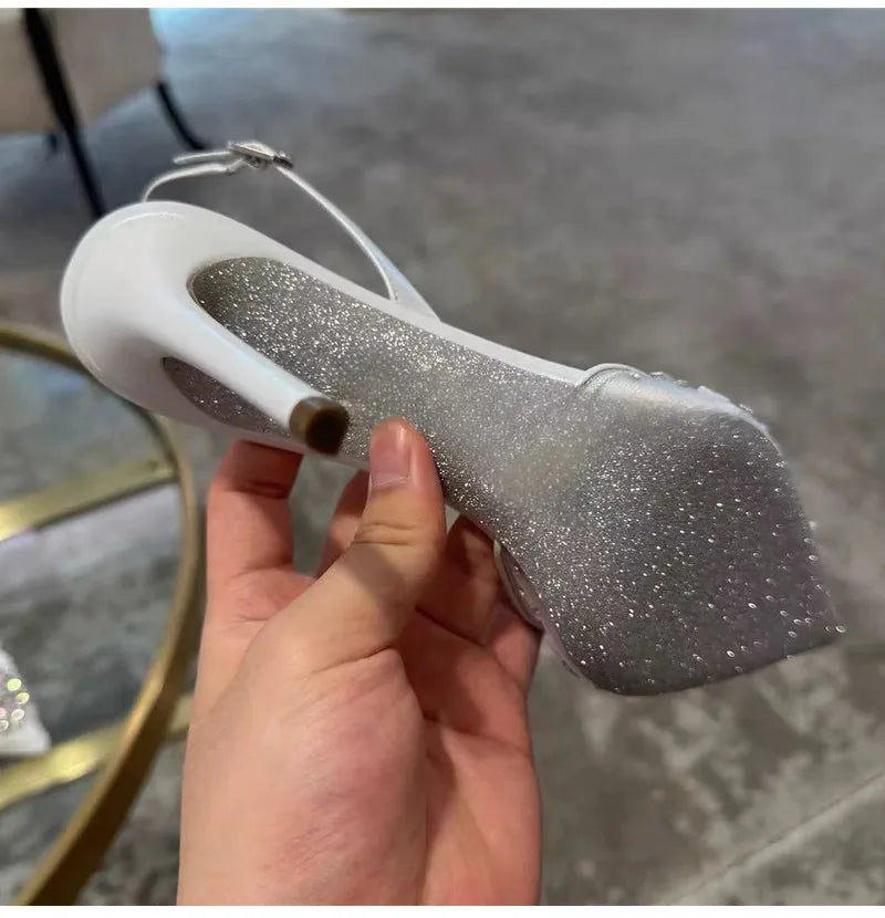 Luxury Diamond Pearls Lace Mesh Women Pumps Elegant Pointed toe Thin High heels Fashion Summer Slingbacks Wedding Party Shoes