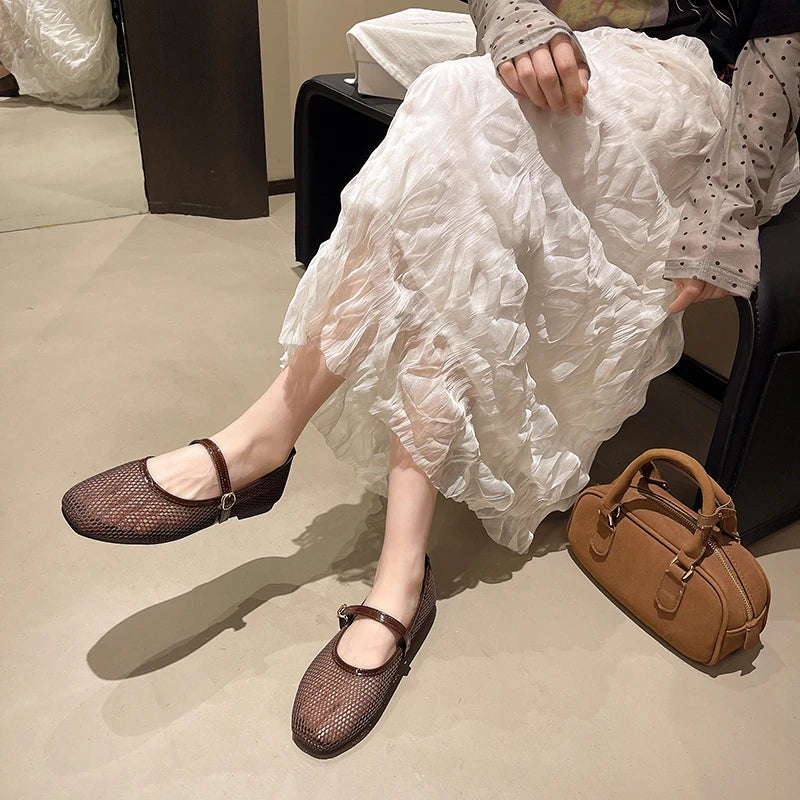 Women Luxury Sandals Flats Shallow Beach Comfort Retro Female Mary Jane Fishing Net Ballet Shoes Women's Soft Bottom Flat Hollow
