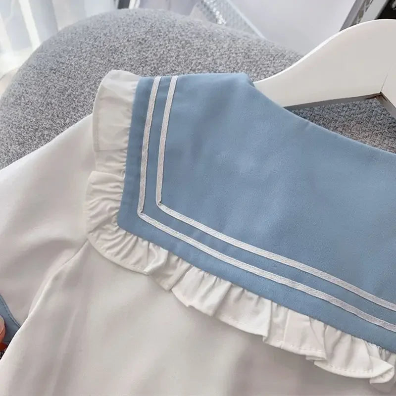 2024 Summer Kawaii Shirt Pleated Skirt Girls Clothing Cute Blue Pink Short Sleeve JK Student Uniform 2 Pieces 4 To 15 Years Old