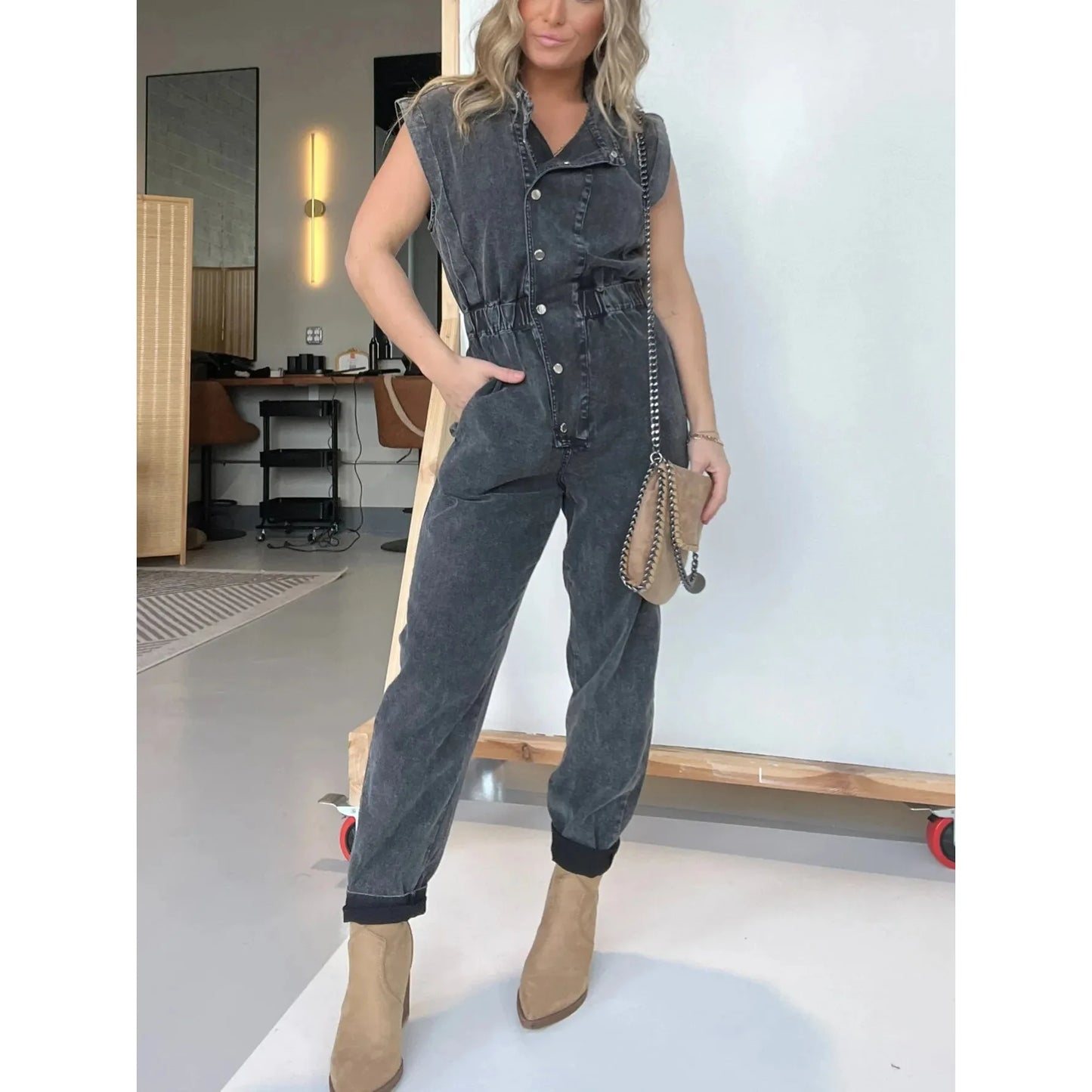 Women Jumpsuits Single Breasted Sleeveless Rompers One Piece Slim Button Solid Pencil Pants Pockets Spliced High Street