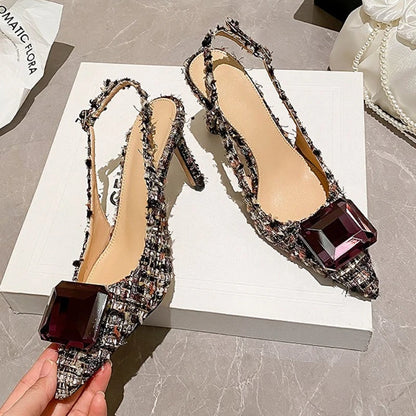 Luxury Diamonds Brand High Heels Women Sexy Pointed Toe Pumps Jewelry Sandals Ladies Elegant  Backless Party Dress Shoes Female