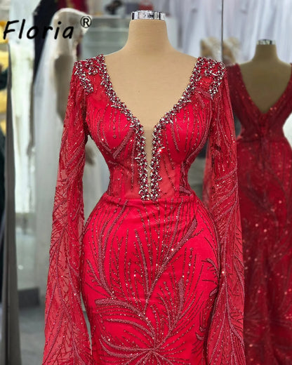 Customized Modest Red Prom Dress With Long Shawl Crystal Mermaid Wedding Party Gowns Woman Evening Wear Vestidos De Gala 2026
