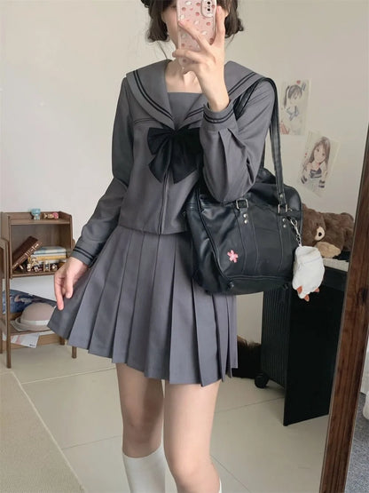 Basic Grey Sailor Suit Set, School Uniform, Preppy Style, Short-sleeved, Long-sleeved, and Short-skirted.
