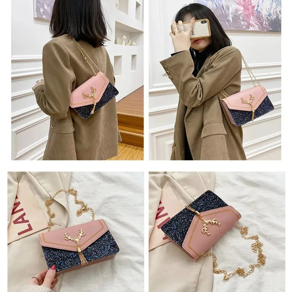 Fashion Women Shoulder Bag Deer Head Decoration Messenger Bags PU Leather Button Underarm Luxury Chain Lady Small Square Handbag
