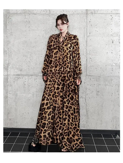 Leopard Print Loose Bat-sleeve Dress Women Summer Stand-up Collar Tie-waist Oversize Slimming Casual Long Dress XY420