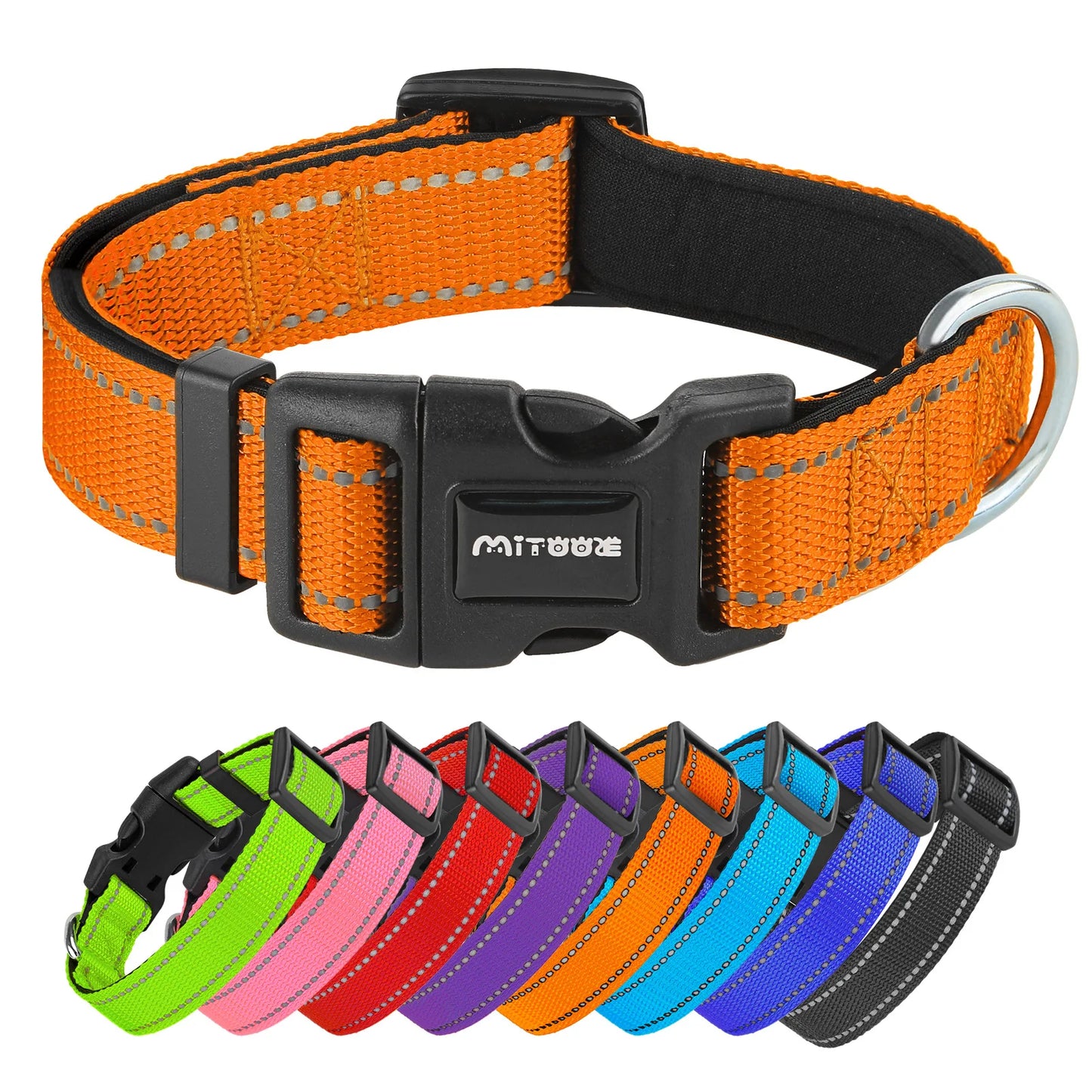 Reflective Adjustable Padded Dog Collar Soft Breathable Pet Neck Strap for Medium Large Dogs Durable Safety Collar for Night