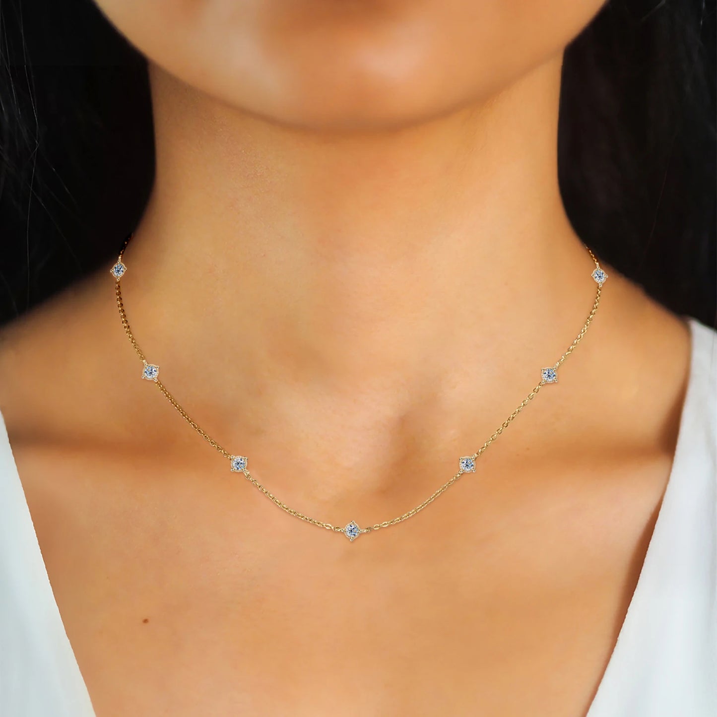 Sweetrain 3mm Moissanite Diamond Necklaces for Women Dainty 18k Gold Plated/925 Sterling Silver Neck Chain Female Trendy Jewelry
