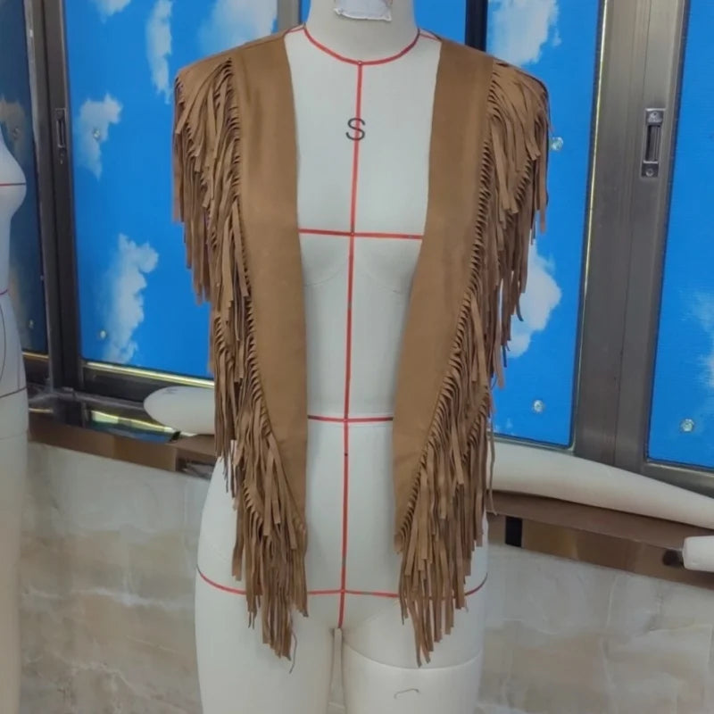 Women Tassel Vest Y2K Sleeveless Fringe Wide Eyes Suede Collar Shawl Open Front Boho Western Jacket Cardigan