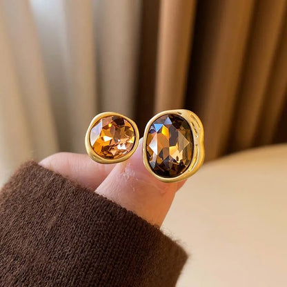 Vintage Brown Crystal Elliptical Open Rings For Women Luxury Rhinestone Contrasting Geometric Adjustable Finger Ring Jewelry