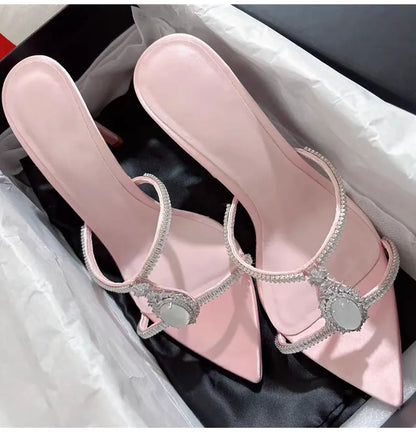 Luxury Rhinestones Gem Narrow band Women Slipper Sandals Elegant Pointed toe Thin High heels Mules Slides Fashion Party Shoes